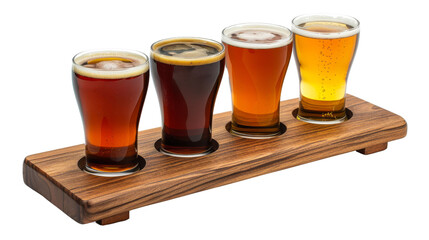 A beer flight showcasing four different styles of beer in glasses on a wooden paddle, each glass accompanied by a description card. isolated on a transparent background. PNG File
