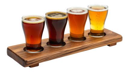 A beer flight showcasing four different styles of beer in glasses on a wooden paddle, each glass accompanied by a description card. isolated on a transparent background. PNG File