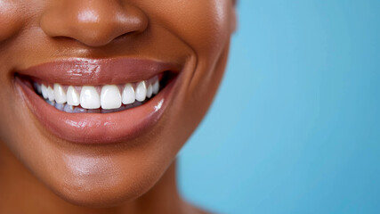 Obraz premium Close up white female teeth, healthy woman smile mouth. Dental clinic patient, teeth whitening illustration, healthy gums banner, stomatology ad concept, space for your text.