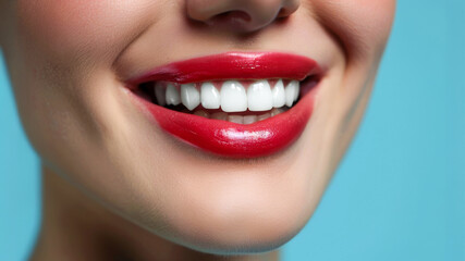 Fototapeta premium Close up white female teeth, healthy woman smile mouth. Dental clinic patient, teeth whitening illustration, healthy gums banner, stomatology ad concept, space for your text.