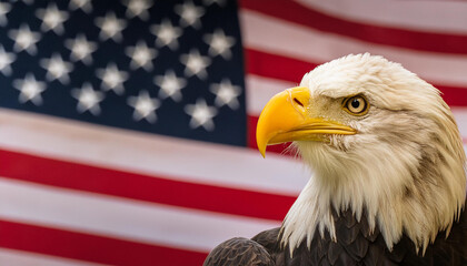 Naklejka premium Patriotic banner with bald eagle, blurred background of american flag