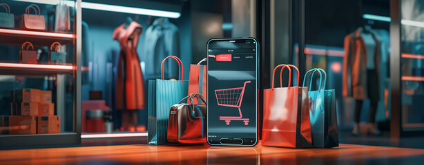 digital illustration of an online shopping app interface on the screen, displaying various fashion items and bags with an animated cart icon
