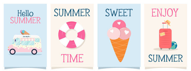 Summer poster, greeting card collection. Cute minimal abstract vector templates. Ice cream truck, float, luggage, rubber ball. For invitations, prints, social media, covers, story.