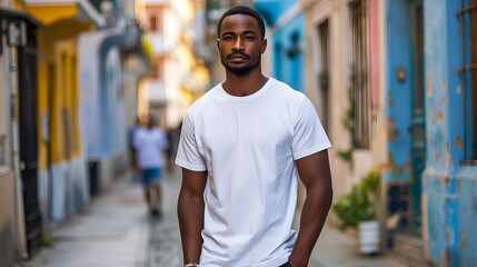 Fototapeta premium Young Model Shirt Mockup, Handsome Boy wearing t-shirt on street in daylight. Mockup design concept design branding