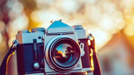 Closeup shot of vintage dslr camera, retro technology background, travel gear, copy space area, 