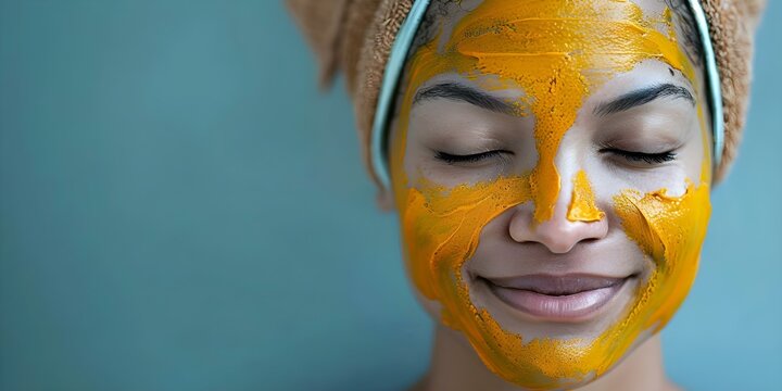Woman in her 30s uses turmeric face mask for athome skin care. Concept Skincare Routine, Face Mask Benefits, Turmeric Benefits, Women's Health, At-Home Beauty