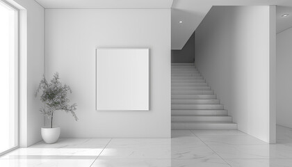 White walls, modern hall, there is a picture frame on the wall,