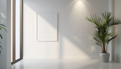 White walls, modern hall, there is a picture frame on the wall,