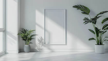 White walls, modern hall, there is a picture frame on the wall,