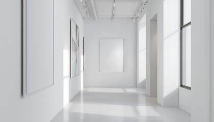 White walls, modern hall, there is a picture frame on the wall,