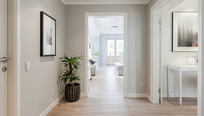 White walls, modern hall, there is a picture frame on the wall,