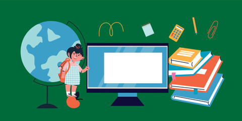 Education online. School supplies. School backpacks, note paper, books, calculator. Flat vector illustration.	
