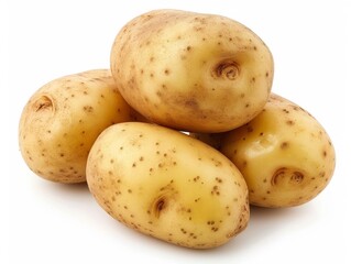 Russet potatoes stacked on top of each other with a white background.