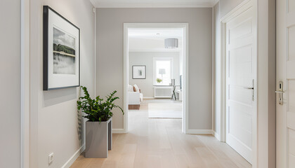 White walls, modern hall, there is a picture frame on the wall,