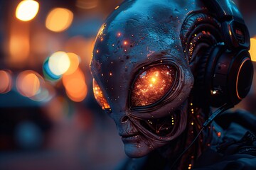 crazy alien space dj with headphones