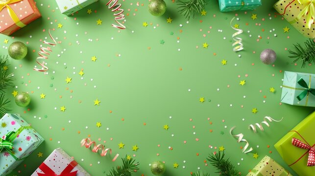 Festive Christmas background with colorful presents, confetti, and pine branches on a green surface, perfect for holiday celebrations.