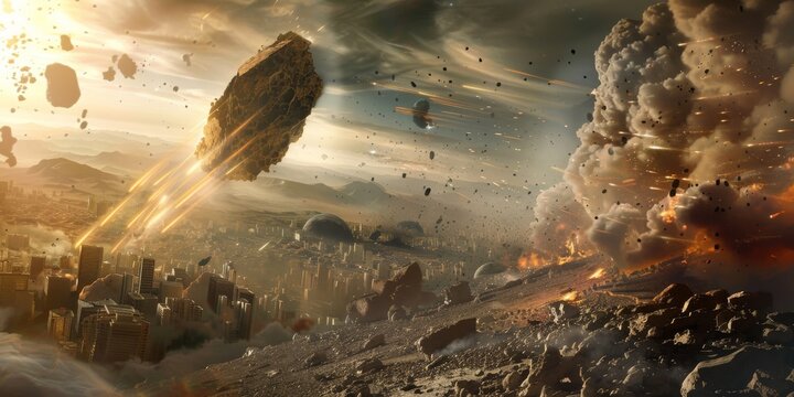 Documentary-style photo of the asteroid's impact aftermath, with candid shots of survivors rebuilding and coping with the aftermath. Free space