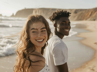 Interracial couple smiling, holding hands and walking on the beach,  enjoying the beautiful scenery at sunset.