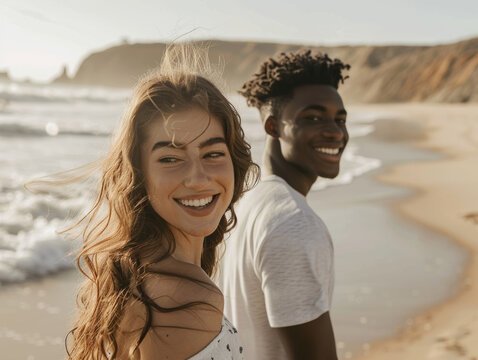 Interracial couple smiling, holding hands and walking on the beach, enjoying the beautiful scenery at sunset.