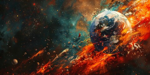 Fototapeta premium Surreal digital painting portraying the chaotic aftermath of the collision, with Earth engulfed in cosmic flames amidst the stars.