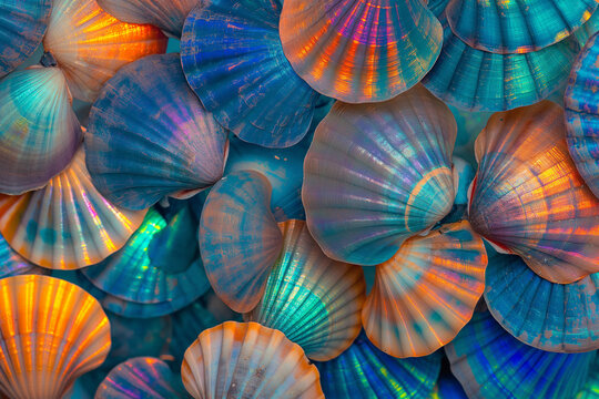 seamless pattern with shells, Immerse yourself in the mesmerizing world of shellfish with this vivid and bold background featuring an iridescent pattern of colorful shells