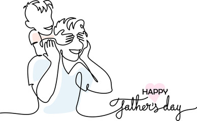 Happy Fathers Day holiday card. Son hug dad from back