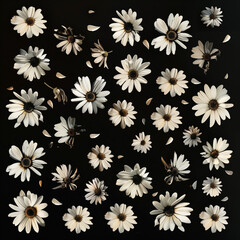 A grid of white and black flowers in the style of pixel art and video game sprite sheets in a high contrast