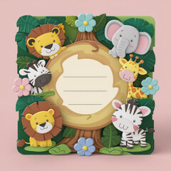 Fototapeta premium A charming 3D card design featuring an adorable jungle scene with various cute animals such as a lion, elephant, zebra, and giraffe. 