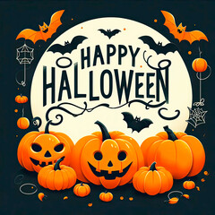 Happy Halloween greeting card or poster with orange pumpkin, black cat and spider.