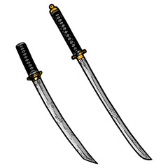 Japanese sword Katana and Wakizashi color sketch engraving PNG illustration. T-shirt apparel print design. Scratch board style imitation. Hand drawn image.