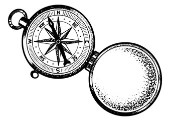 vintage compass sketch engraving PNG illustration. T-shirt apparel print design. Scratch board imitation. Black and white hand drawn image.