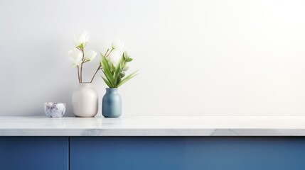 White marble countertop with indoor plant and vase