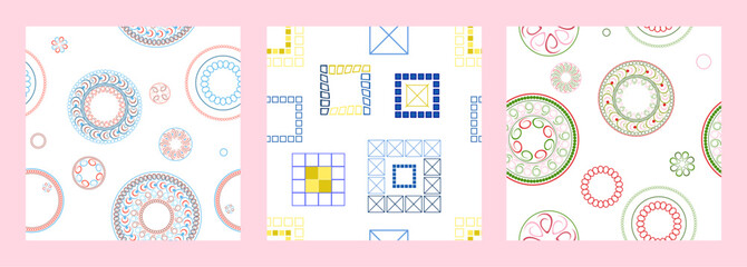 Seamless pattern of geometric shapes. Bright seamless pattern. Set of 3 patterns. Design for fabric, wallpaper, wrapping paper. Vector