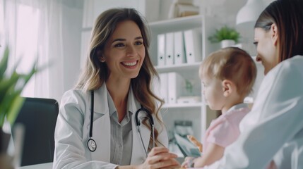 In a bright, modern medical office, a pediatrician and their team provide topquality care to children. The staff is friendly, engaging with a mother and child, creating a welcoming environment