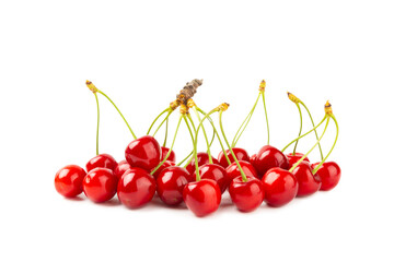 Cherry isolated. Fresh ripe cherries with leaves isolated on a white background.Sweet cherries pile. Berries and fruits. Vegan. Healthy eating.