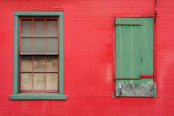 Fototapeta premium A vibrant red exterior wall of a building featuring a green window frame and a closed green door