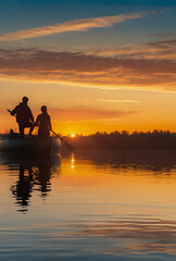 silhouette of a couple in a boat on the lake at sunset, summer 