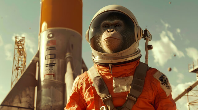 a monkey dressed in a space suit and standing in front of a rocket 