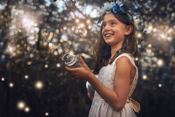 Fireflies, jar and outdoor in nature at evening time with glow, shine and children playing in...