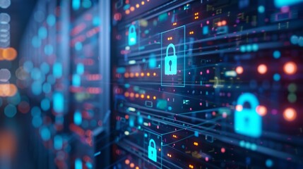 Obraz premium Cybersecurity Data Center Concept with Locked Padlocks and Digital Interface, Generative AI