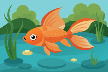 Naklejka premium picturesque underwater scene. you can see an orange goldfish swimming among green aquatic plants. The background has pink and white lily flowers, lily leaves and a variety of greenery.