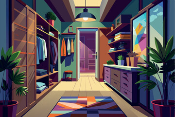 an interior space, corridor or entrance area of a house. a built-in shelf filled with books and decorative items. Below the shelves is a row of clothes hanging on hooks and neatly folded on shelves.