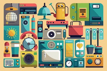 This is a vivid illustration of various household appliances and objects - refrigerator, stove, washing machine, toaster, kettle, blender, microwave, clock, iron and other small kitchen items.