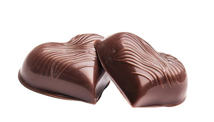 Obraz premium Two heart-shaped dark chocolates isolated on a white background, displaying intricate surface details and rich, glossy finish.