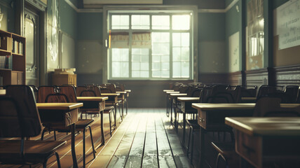 Fototapeta premium Empty Classroom. Back to school concept in high school. Classroom Interior Vintage Wooden Lecture Wooden Chairs and Desks. Studying lessons in secondary education
