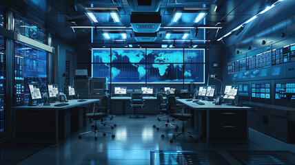 Empty interior of big modern security system control room, workstation with multiple displays, monitoring room with at security data center Empty office, desk, and chairs, Generative AI 