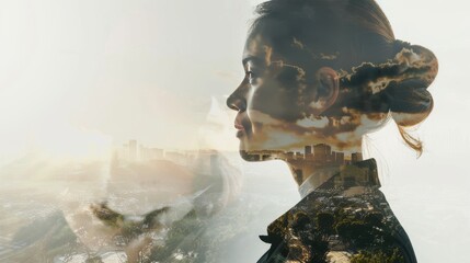 Double exposure portrait of a young woman and cityscape