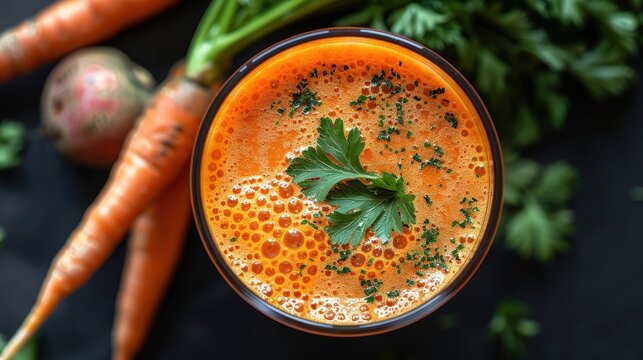 Fresh carrot juice garnished with parsley, placed next to vivid raw carrots on a dark background, with a refreshing and healthy vibe.