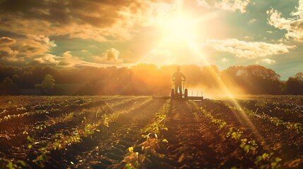 Golden Harvest: Dedicated Farmer Plowing the Fields on a Serene Countryside Day