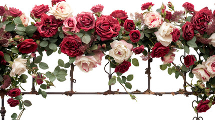 Timeless romance of roses on an antique iron trellis. Red, pink, white blooms on white background. Elegant and classic.
